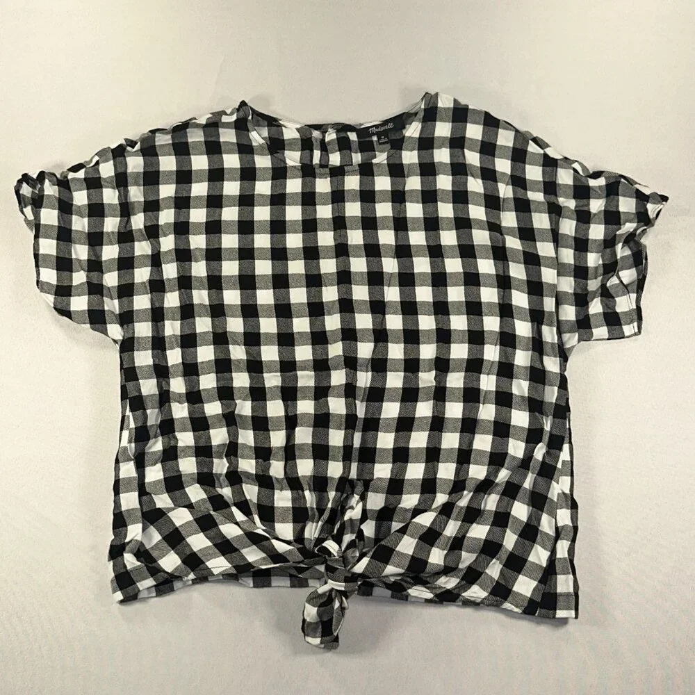 Madewell Buffalo Check black & White Button Back Tie Tee Blouse Medium - Picture 6 of 11
